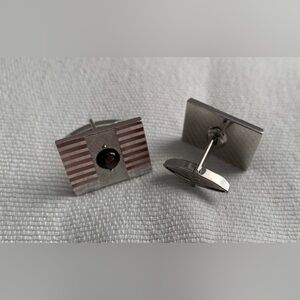 Vintage Silver-Tone Rectangular Cufflinks with Black Center Stone